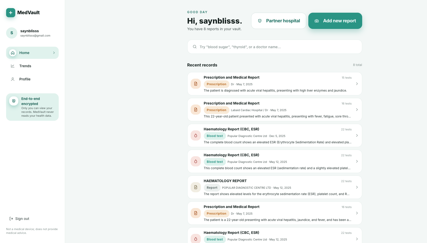 Your vault. Search any report by test, doctor or hospital.
