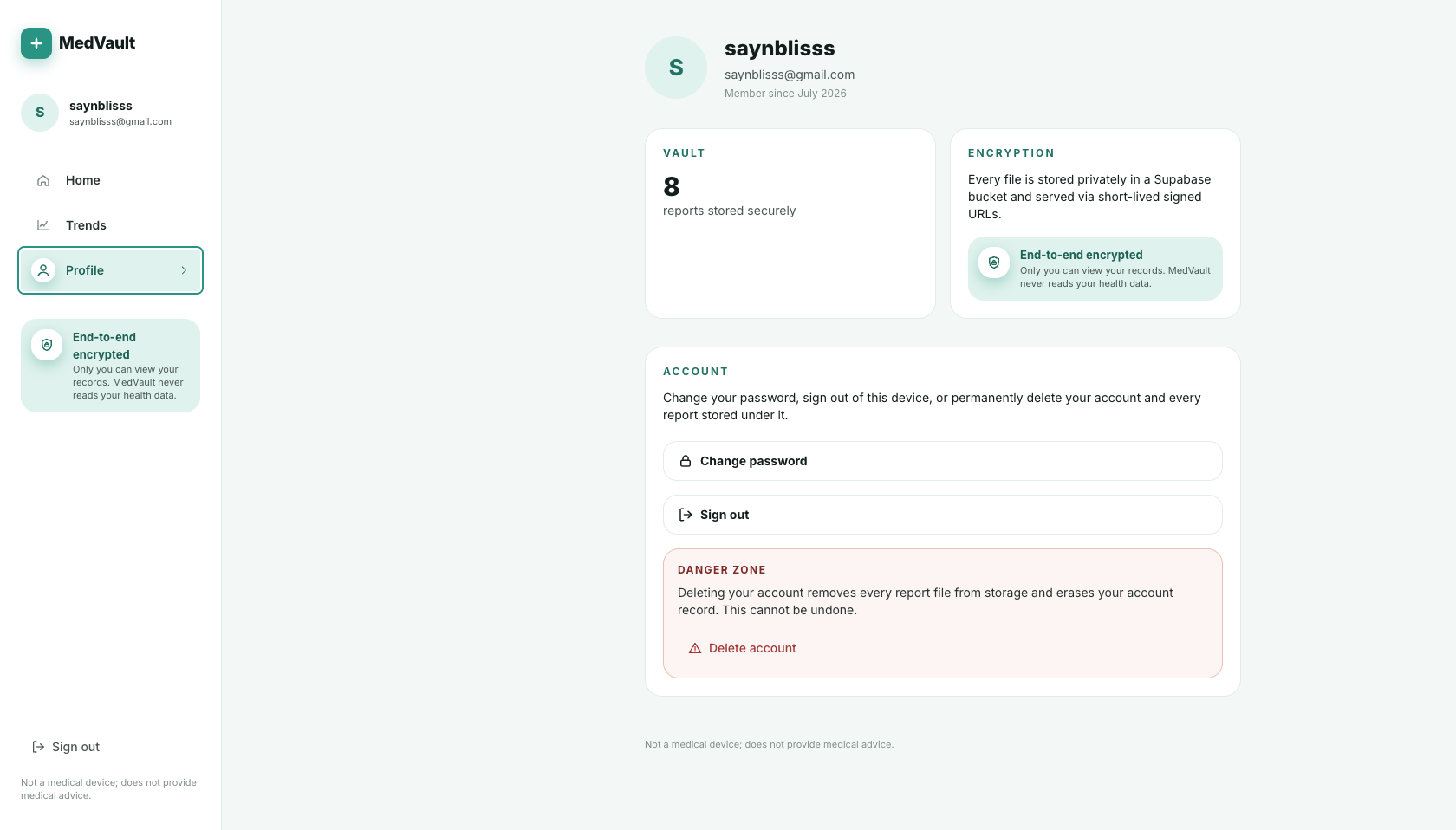 Profile. Storage, encryption, one-button delete.