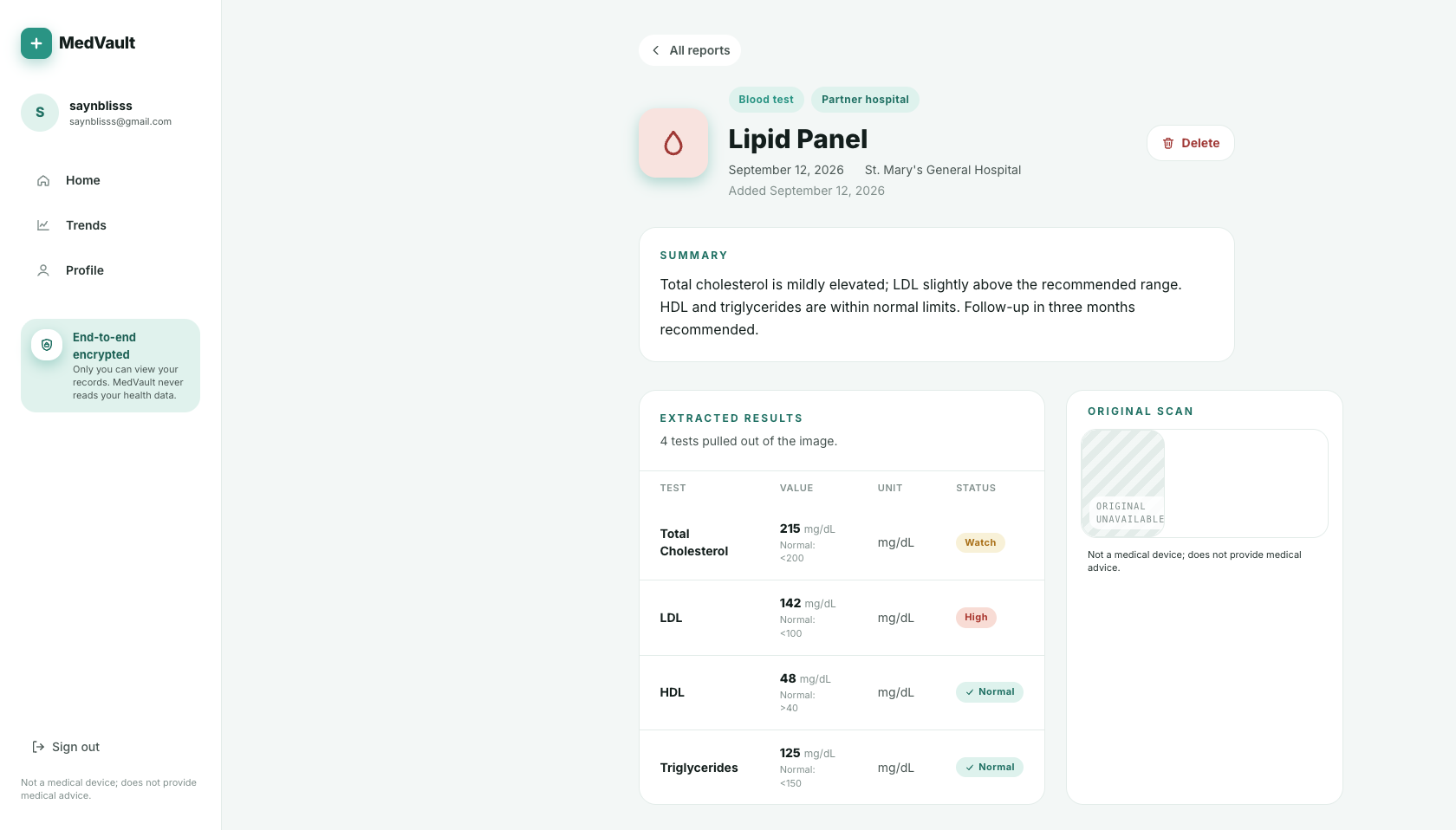 Open a report. Extracted results with ranges and status.